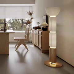 Nordic LED Glass Floor Lamp with Milky White Luster and Walnut Wood