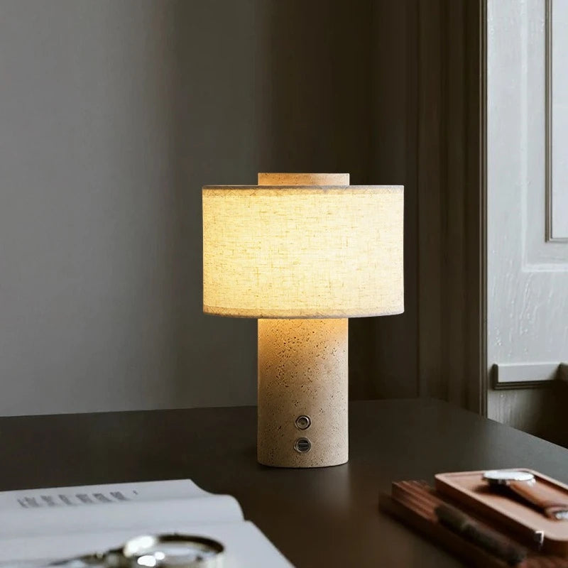 Modern Minimalist Travertine Marble Table Lamp Battery Operated